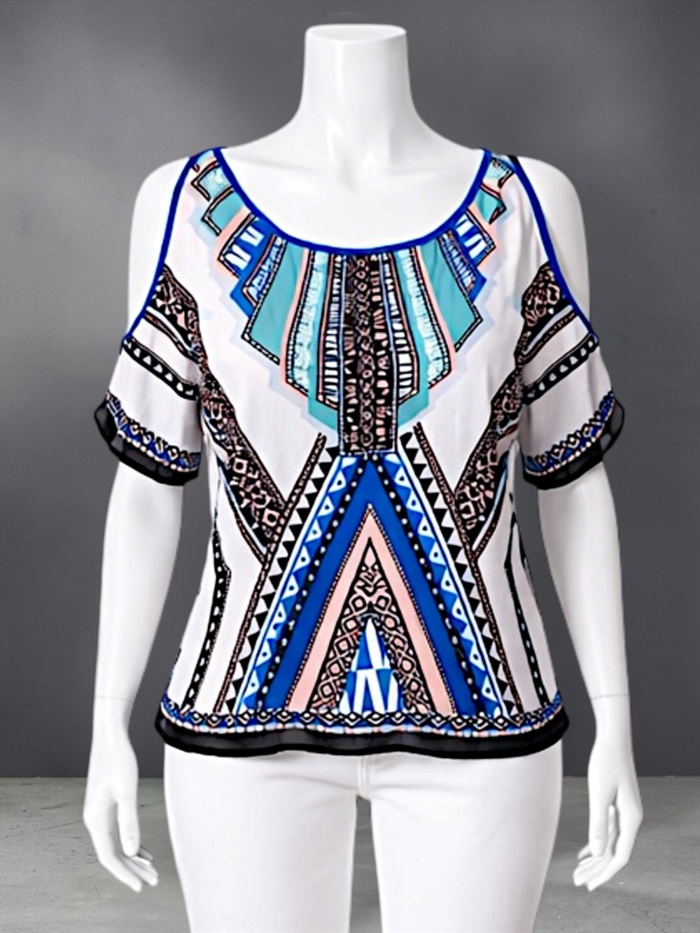 Forever 21 White Cold-Shoulder Geometric Print Top with Blue Accents